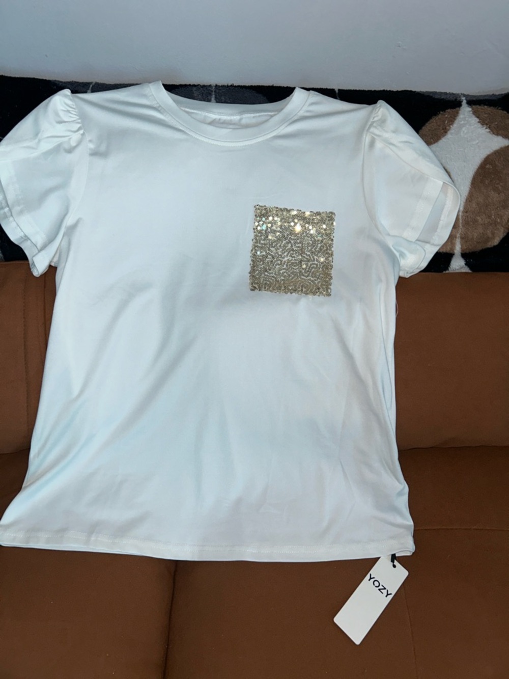NEW Women’s White Short Sleeve Tee with Gold Sequin Pocket